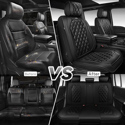 CAR PASS Luxury Nappa Leather Car Seat Covers Full Set, 3D Rhombus Waterproof Premium Leather Seat Covers, Universal Automotive Seat Cushion Fit for Sedan SUV Truck Van, Airbag Compatible Solid Black