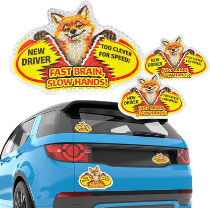 3 Pcs Reflective Student Driver Magnet and Stickers Set - Funny Animal New Driver Safety Signs for Car, Waterproof & Weatherproof High Visibility Vehicle Bumper Decals, Magnet + Stickers (Fox)