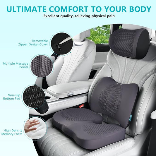 FLORICH Car Seat Cushion and Back Support for Office Chair Memory Foam Chair Cushions Pressure Relief Seat Pads with Gel Massage Point Lumbar Support (Light Grey)