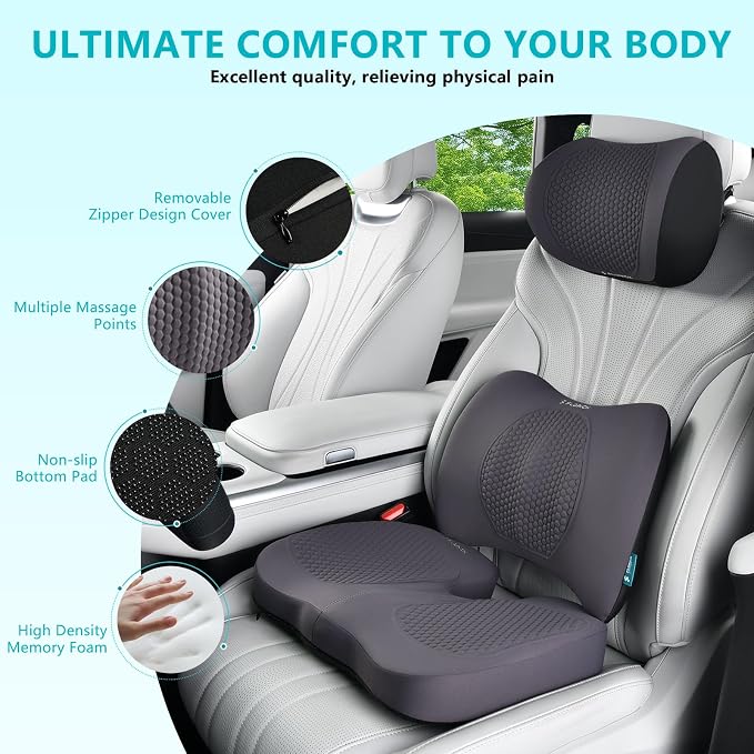 FLORICH 3 PCS Seat Cushion for Carseat Lumbar Support Pillow Car Neck Headrest Pillows Memory Foam Gel Memory Foam Massage Point Seat Pads Pressure Relief Back Cushion for Office Chair(Grey)