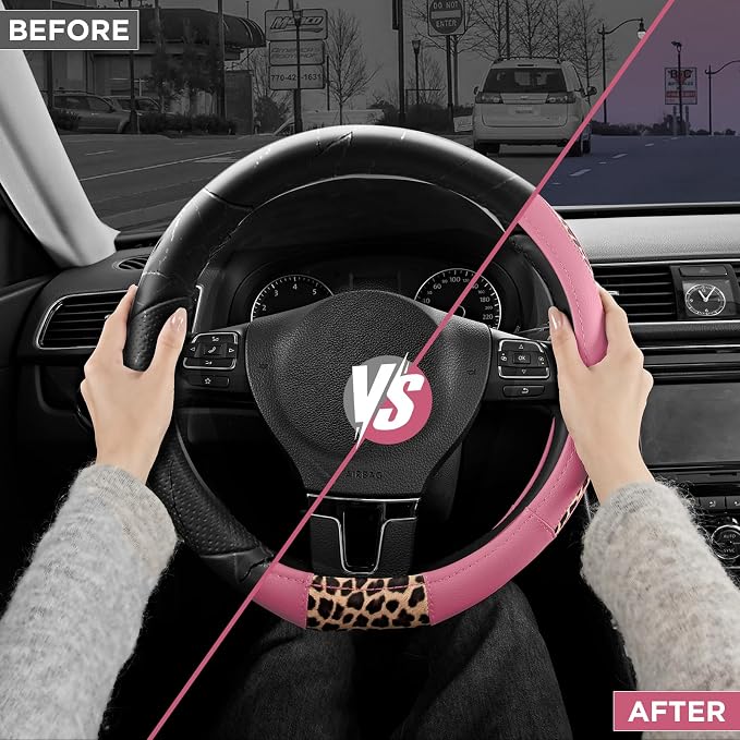 Road Comforts Steering Wheel Cover - Flat Bottom Wheel Cover Made with PVC Leather and Leopard Fabric - Universal Fit for 15-Inch D-Shaped Automotive Steering Wheels (Pink Color)