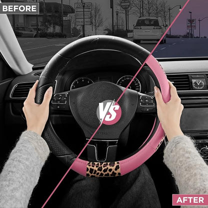 Road Comforts Steering Wheel Cover - Flat Bottom Wheel Cover Made with PVC Leather and Leopard Fabric - Universal Fit for 15-Inch D-Shaped Automotive Steering Wheels (Pink Color)