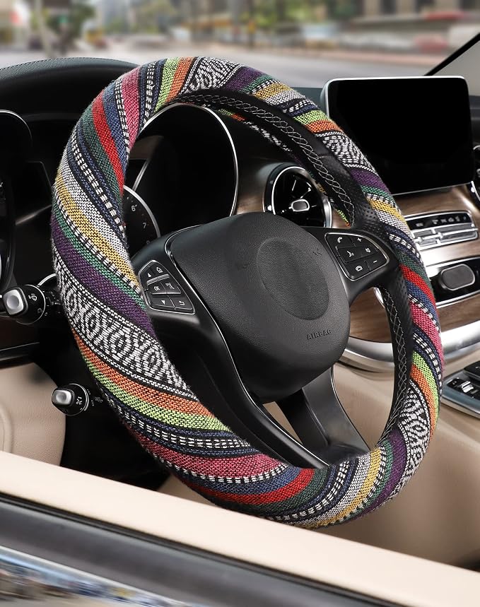 SEG Direct Boho Steering Wheel Cover with Baja Blanket Cloth, Ethnic Style Auto Wheel Cover Made of Coarse Flax, Fits 14 1/2-15 1/4 inches Car Wheel