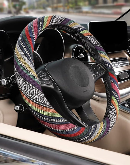 SEG Direct Boho Steering Wheel Cover with Baja Blanket Cloth, Ethnic Style Auto Wheel Cover Made of Coarse Flax, Fits 14 1/2-15 1/4 inches Car Wheel
