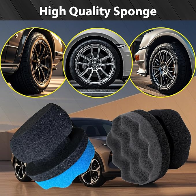 4 Pcs Tire Shine Applicator Pads, Tire Dressing Applicator, Reusable Tire Shine Sponge Wave Contoured for Car Detailing, 3.15inch (2 Blue & 2 Black)