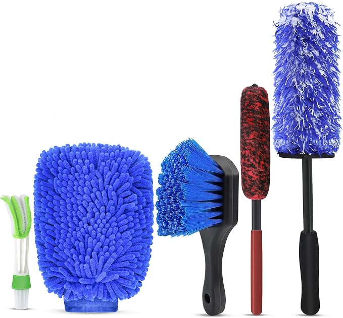 Car Wheel Brush Set, 5 Pack Soft Microfiber & Scratch-Free Deep Wheel Tire Scrubbing Tool with Detailing Brush for Car Vehicle Motorcycle Tire Rim Fenders Engine Exhaust Tips Car Wash Kit