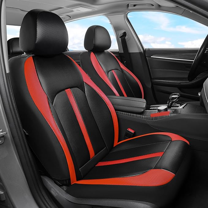 Coverado Leather Car Seat Covers Full Set & Carbon Fiber, Waterproof and Durable All Weather Protector, Universal Fit for SUV, Pickup Truck, Sedan, Automotive Vehicle Interior, Black&Red