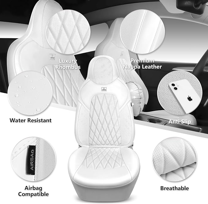 CAR PASS Nappa Leather High Back Front Seat Covers, Tesla Model 3 Model Y Breathable Faux Leather Front Bucket Seat Covers, Anti-Slip Airbag Compatible Universal Fit for Sedan SUV Van Truck, White