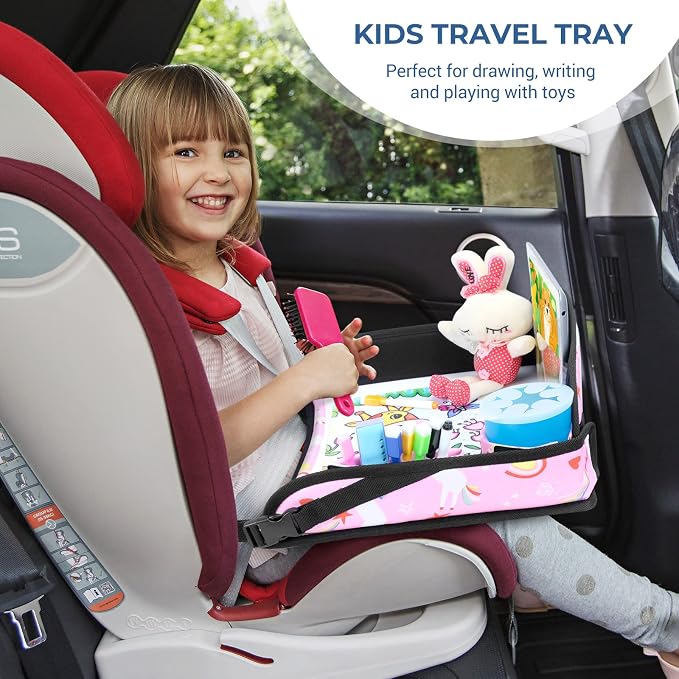 COOLBEBE Kids Travel Tray for Car Seat & Airplane, Toddler Lap Tray with Pen & ipad Stand, Portable Car Seat Table with Cup Holders & Raised Edges, Pink Unicorn, 2-Pack