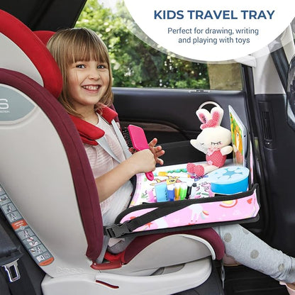 COOLBEBE Kids Travel Tray for Car Seat & Airplane, Toddler Lap Tray with Pen & ipad Stand, Portable Car Seat Table with Cup Holders & Raised Edges, Pink Unicorn, 2-Pack