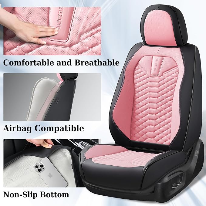 Coverado Seat Covers Full Set, Waterproof Nappa Leather Seat Covers for Cars, 5 Seats Universal Car Seat Protectors, Black and Pink Leather Car Seat Covers Car Seat Cushions Fit for Most Cars
