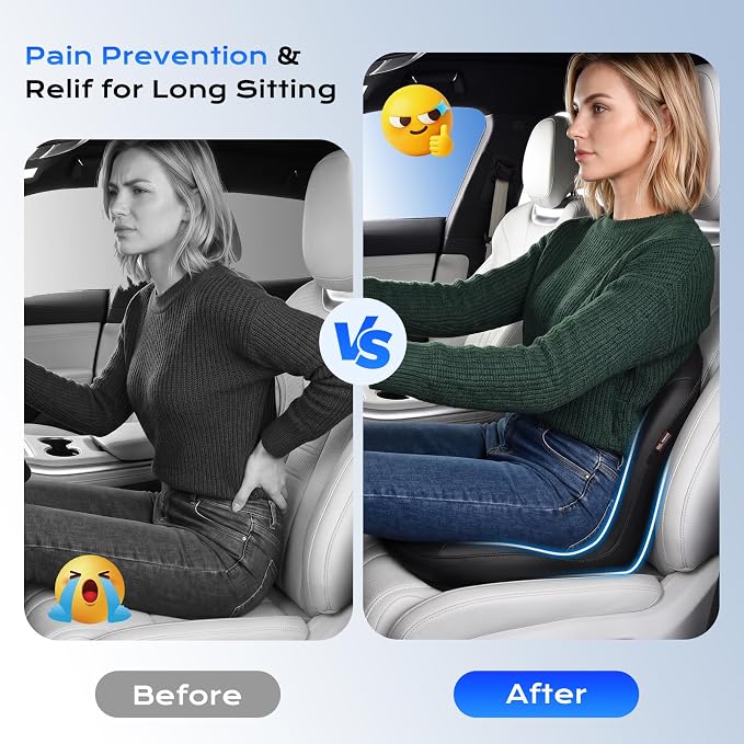 Coverado Car Seat Cushion and Lumbar Support Pillow One Piece, Napa Leather Memory Foam Ergonomic Back Support Driving Seat Cushion for Back Pain, Non-Slip Washable Cushion for Car, Driver, Office