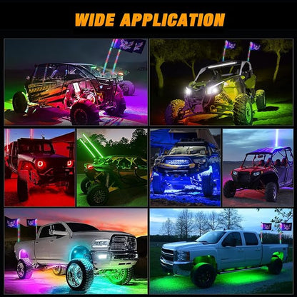 Nilight 2PCS 3FT RGB LED Whip Light and 8 PCS Rock Lights Combo, Remote & App Control w/DIY Chasing Patterns Stop Turn Reverse Safety Antenna Lighted Whips for ATV UTV