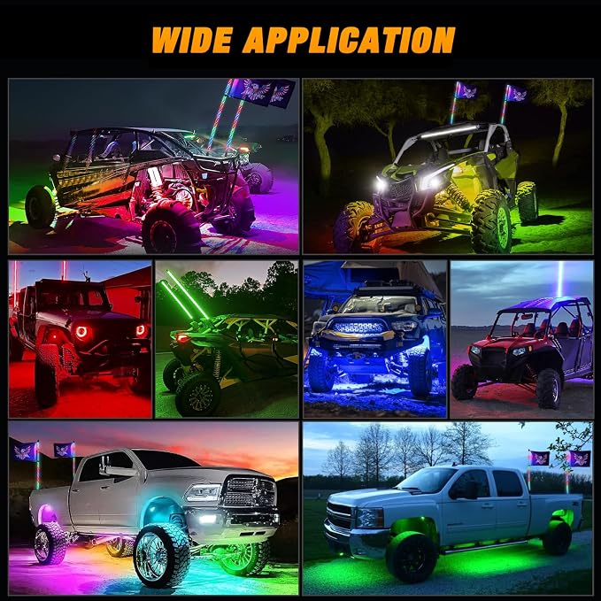 Nilight 2PCS 4FT RGB LED Whip Light and 8 PCS Rock Lights Combo, Remote & App Control w/DIY Chasing Patterns Stop Turn Reverse Safety Antenna Lighted Whips for ATV UTV