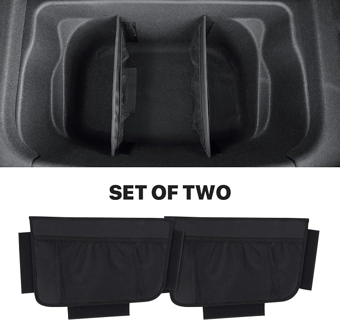 KMMOTORS Sub Trunk Divider of under-floor Compatible for Model Y, Model 3 (2017-2023) – Hidden Trunk Organizer – Dividers with Mesh Pockets for Storage Separation (Set of 2)