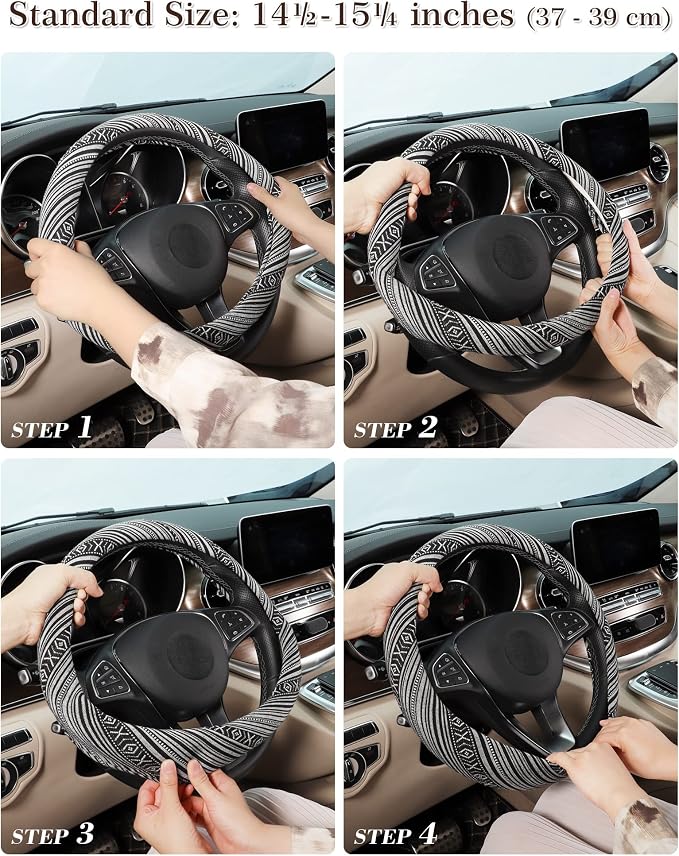 SEG Direct Boho Steering Wheel Cover with Baja Blanket Cloth, Ethnic Style Auto Wheel Cover Made of Coarse Flax, Fits 14 1/2-15 1/4 inches Car Wheel