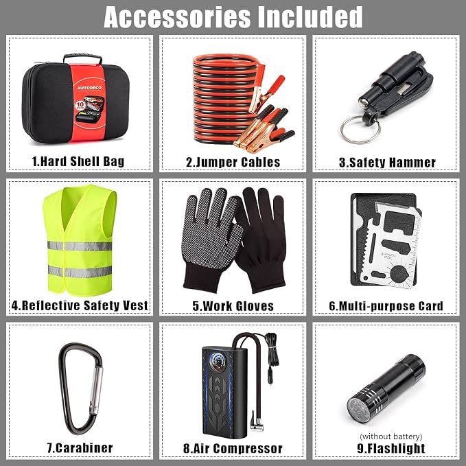 Car Roadside Emergency Kit, Portable Auto Air Compressor Tire Inflator, Jumper Cable, Car Emergency Kits for Teenagers, Black