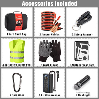 Car Roadside Emergency Kit, Portable Auto Air Compressor Tire Inflator, Jumper Cable, Car Emergency Kits for Teenagers, Black