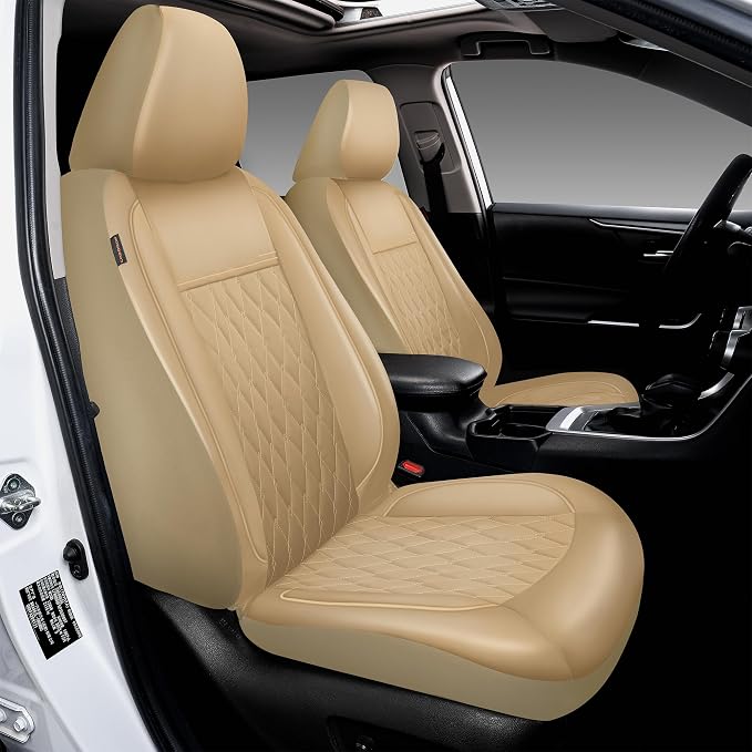 CAROMOP Faux Leather Car Seat Covers Full Set,Luxury and Comfortable Covers for Cars,Split Bench Compatible Car Interior Covers,Universal Fit for Suvs,Vans,Trucks,Airbag Compatible(5-Seat Beige)