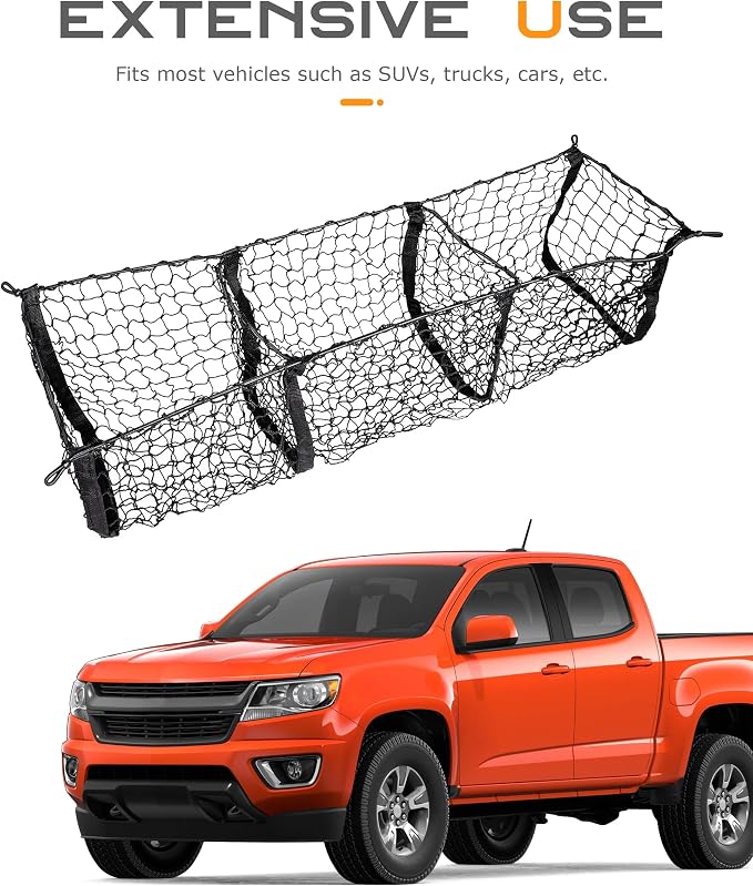 SCUARI Cargo Net,Truck Bed Organizer,Car Accessories Cargo Net for Pickup Truck Bed,3 Pocket Trucks Beds Cargo Nets,43.3" x 11.8" Elastic Cargo Nets,Suitable for Car SUV Van Trunk Pickup