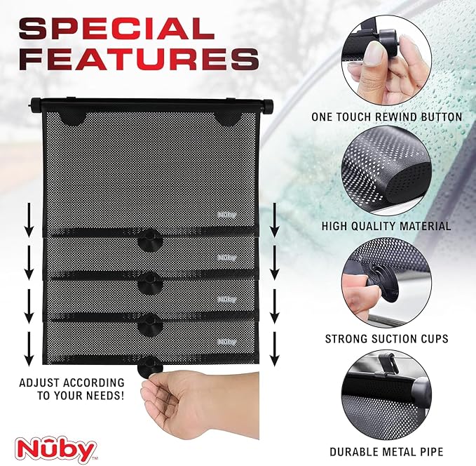 Nuby 14" Roller Vehicle Side Window Sun Protection Shade for Baby | 2 Pack | Pull Down with Suction Cups and Press Button Roll Up | Black