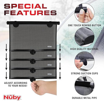 Nuby 14" Roller Vehicle Side Window Sun Protection Shade for Baby | 2 Pack | Pull Down with Suction Cups and Press Button Roll Up | Black