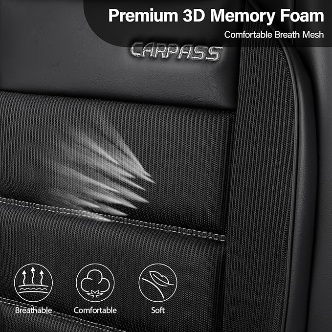 CAR PASS Memory Foam Seat Covers Front, Airy Cool Mesh Thick Car Seat Covers, Leather Car Seat Covers Front Seats Airbag Compatible, Universal Automotive Comfort for Most Cars, Trucks, SUV, Black