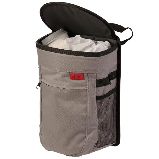 Lusso Gear Spill-Proof Car Trash Can - Leakproof Liner & Flip-Top Lid Auto Trash Can - Hangs in Trucks & SUVs as Trunk Organizer - 2.5-Gal Mesh Pockets for Camper Accessories - 2.5 Gal, Gray, Round