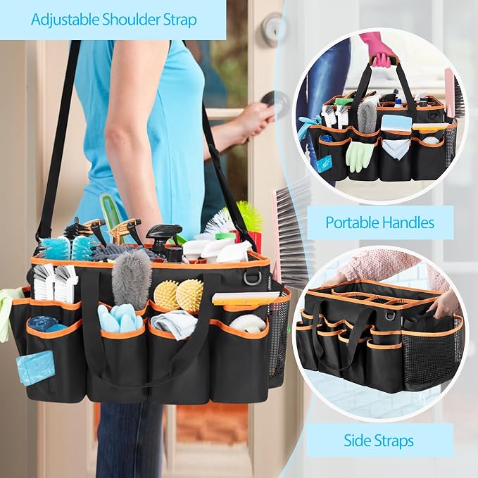 HODRANT Extra-large Wearable Cleaning Caddy, Organizer Bag for Housekeeper with Pad, Handle & Divider, Car Wash Tools Bag for Detailing Supplies, Orange Edge