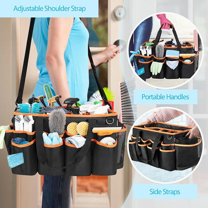HODRANT Extra-large Wearable Cleaning Caddy, Organizer Bag for Housekeeper with Pad, Handle & Divider, Car Wash Tools Bag for Detailing Supplies, Orange Edge