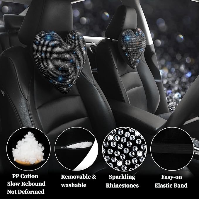 Car Headrest Neck Pillows Rhinestone Automobile Headrest Cover Car Headrest Neck Pillow for Driving with Bling Bling Crystal Car Accessories for Women, Girls and Ladies Black 2 Pieces