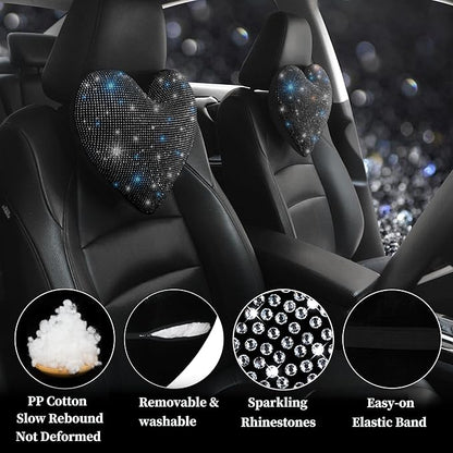 Car Headrest Neck Pillows Rhinestone Automobile Headrest Cover Car Headrest Neck Pillow for Driving with Bling Bling Crystal Car Accessories for Women, Girls and Ladies Black 2 Pieces