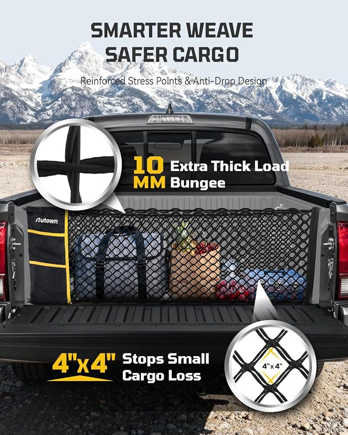AUTOWN Truck Bed Cargo Net, Envelope Style Bed Netting for 2005-2025 Toyota Tacoma, Pickup Truck Bed Organizer with Upgraded 5mm Bungee & Integrated Storage Bag & Eyebolts & Carabiners