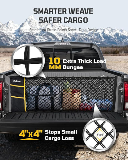 AUTOWN Truck Bed Cargo Net, Envelope Style Bed Netting for 2005-2025 Toyota Tacoma, Pickup Truck Bed Organizer with Upgraded 5mm Bungee & Integrated Storage Bag & Eyebolts & Carabiners