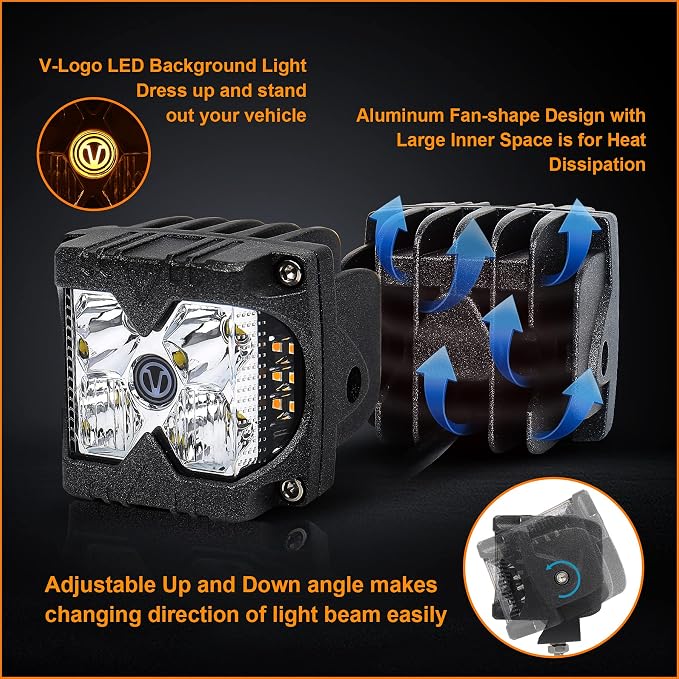 MOVOTOR Side Shooter LED Pods Amber Strobe Driving Lights for Truck,4X4,ATV | IP68 Waterproof,Solid & Strobe Amber,6500K White / 3500K Amber Combo Beam,Alum Housing,Adjustable Bracket,Fit Jeep UTV,2 PCS