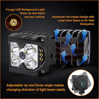 MOVOTOR Side Shooter LED Pods Amber Strobe Driving Lights for Truck,4X4,ATV | IP68 Waterproof,Solid & Strobe Amber,6500K White / 3500K Amber Combo Beam,Alum Housing,Adjustable Bracket,Fit Jeep UTV,2 PCS