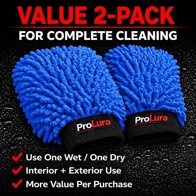 Microfiber Car Wash Mitt 2 Pack, Chenille Scratch-Free Wash Gloves, Ultra Soft, Highly Absorbent, 7.1” x 10.2”, Lint-Free, Reusable Auto Cleaning Mitt (Blue)