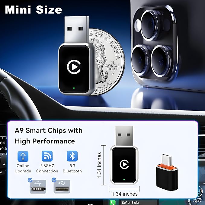 Wireless CarPlay Adapter for iPhone, Convert Wired to Wireless Apple CarPlay Adapter, Plug & Play, No Delay & Stable Control, Mini Size, USB & USB-C/Type-C for Cars 2016+ iOS10+ (Silver)