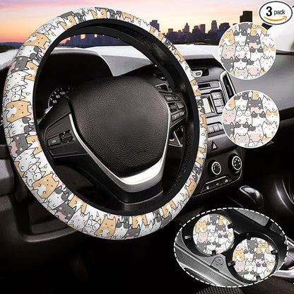 Cute Cat Steering Wheel Cover for Women, Universal Auto Steering Wheel 14-15 Inch Car Interior Accessories with 2PCS Car Coasters, Suitable for Men and Women