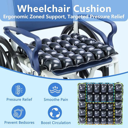 Inflatable Pressure Relief Air Cell Cushion for Wheelchair & Mobility Scooter, Breathable Cooling Seat Cushion for Pain & Sores Relief, Long Sitting, Airplane & Office Use (20" x 18")