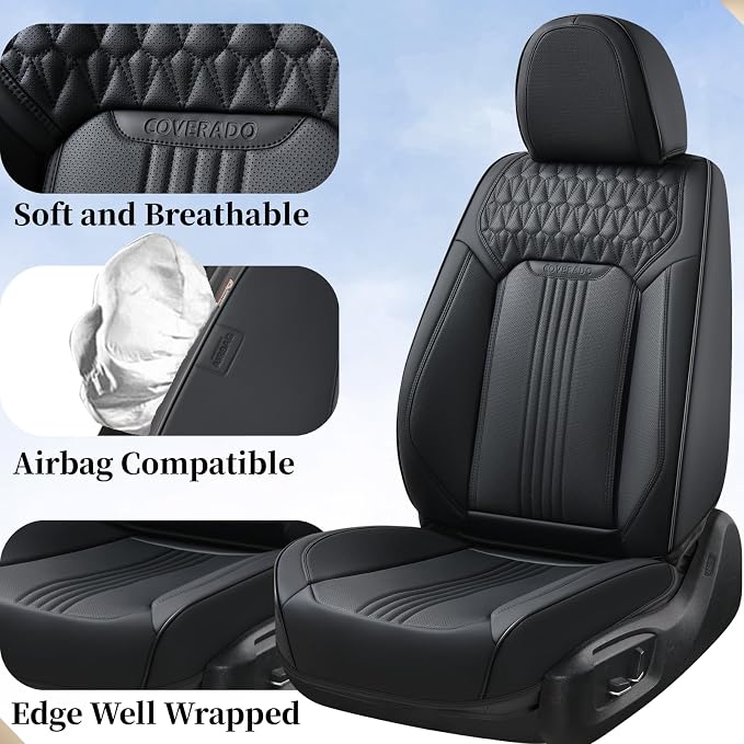 Coverado Seat Covers Full Set, Leather Car Seat Cover, Waterproof Car Seat Protector, Automotive Seat Covers Car Seat Cushion Universal Fit for Most Cars, Black