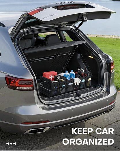 HOTOR Tactical Car Trunk Organizer - Foldable Trunk Organizer for SUV with Front MOLLE Pocket & Reflective Strips, Essential Car Accessories for Tools & Outdoor Storage, 15.0" x 31.5" x 11.0", Black