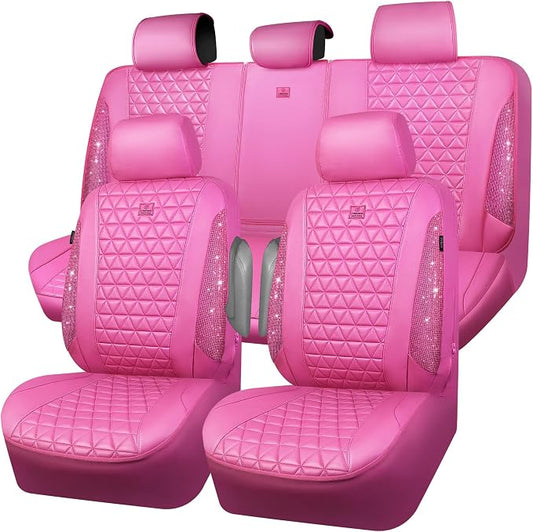 CAR PASS Hot Pink Bling Diamond Leather Car Seat Covers Full Sets, Waterproof Shining Glitter Sparkly Crystal Universal Armrest Fit for Automotive Truck SUV Cute Women Girl,Hot Pink Rhinestone