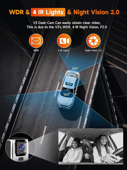 3 Channel 2.5K Dash Cam with 5GHz WiFi & APP Control, 2.5K+1080P+1080P Front Inside and Rear, Triple Dash Camera with SD Card, 24 Hours Parking Mode, Loop Recording, Night Vision