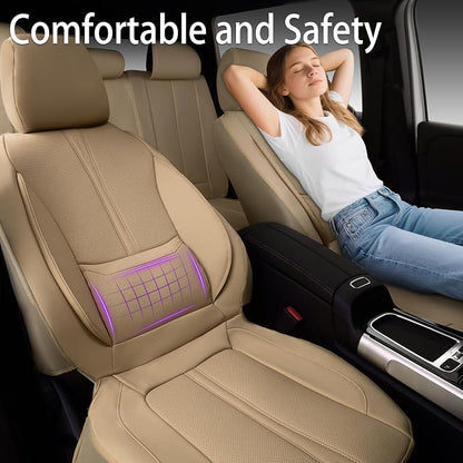 CAR PASS Nappa Leather Seat Covers Full Set, 3D Foam Faux Leather Car Seat Covers with Lumbar Support, Water Resistant Comfort & Universal Fit for Cars SUV Truck Most Vehicles, All Beige