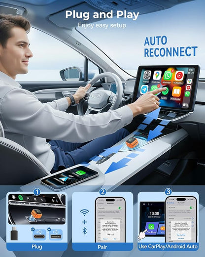 KUKIHO Wireless CarPlay Adapter, 2-in-1 CarPlay & Android Auto, Mini Plug & Play, Fast Auto-Connect, No Latency, USB/USB-C for Cars with Built-in CarPlay, iOS 10+/Android 11+ (Orange)