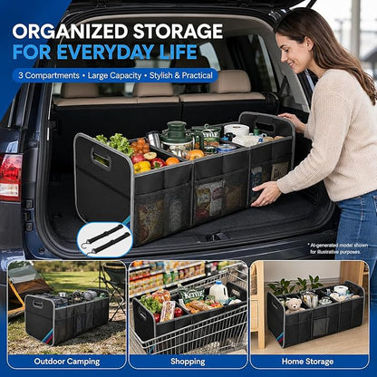 XL Car Trunk Organizer, 4 Compartments, 94L Capacity, Oxford Polyester 600D Material, Easy Fold and Store, Prevents Sliding | Rugged & waterproof large storage box. Features 94L capacity, 6 large mesh pockets & non-slip base for SUV, garage, camping