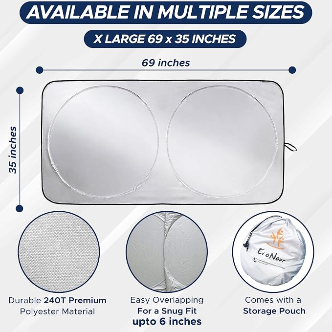 EcoNour Truck Windshield Sun Shade with Storage Pouch | Reflective 240T Material Sun Shield for UV & Heat Protection | Foldable Windshield Cover | Must-Have Truck Accessories | X-Large (69"x35")