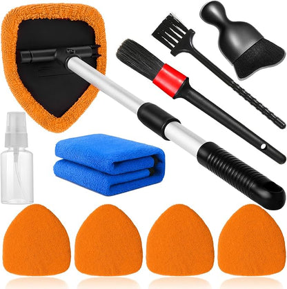 Qydipclin 10pcs Windshield Cleaning Tool Inside Car Window Cleaner Wash Kit with 4 Reusable Microfiber Pads 1 Spray Bottle and Extendable Handle Interior Auto Glass Wiper Kit, Orange
