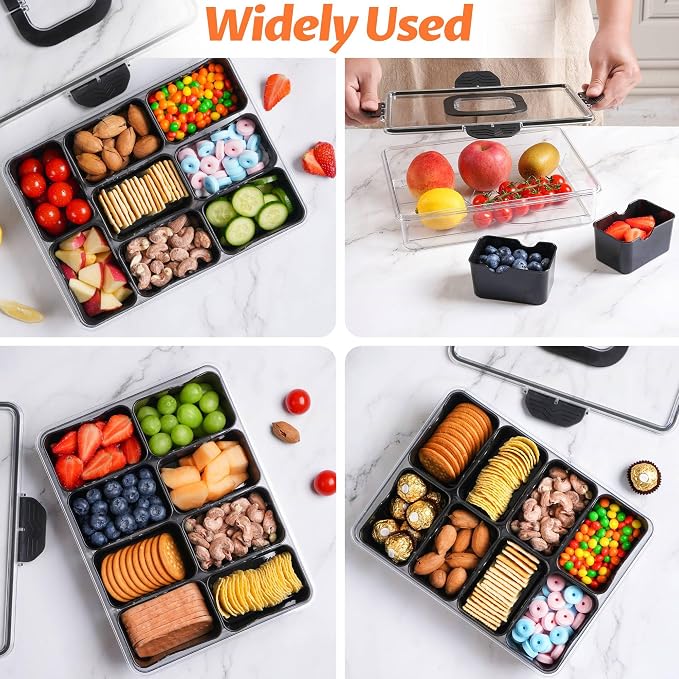 Snackle Box Container, Dishwasher Safety - Divided Serving Tray with Lid and Handle, Charcuterie Board for Portable Snack Platters - Organizer for Fruits Snacks - Perfect for Road Travel - Black